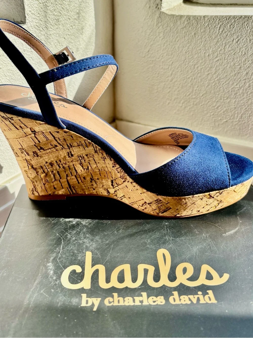 Charles By Charles David Navy Cork Wedge Ankle Strap Sandals